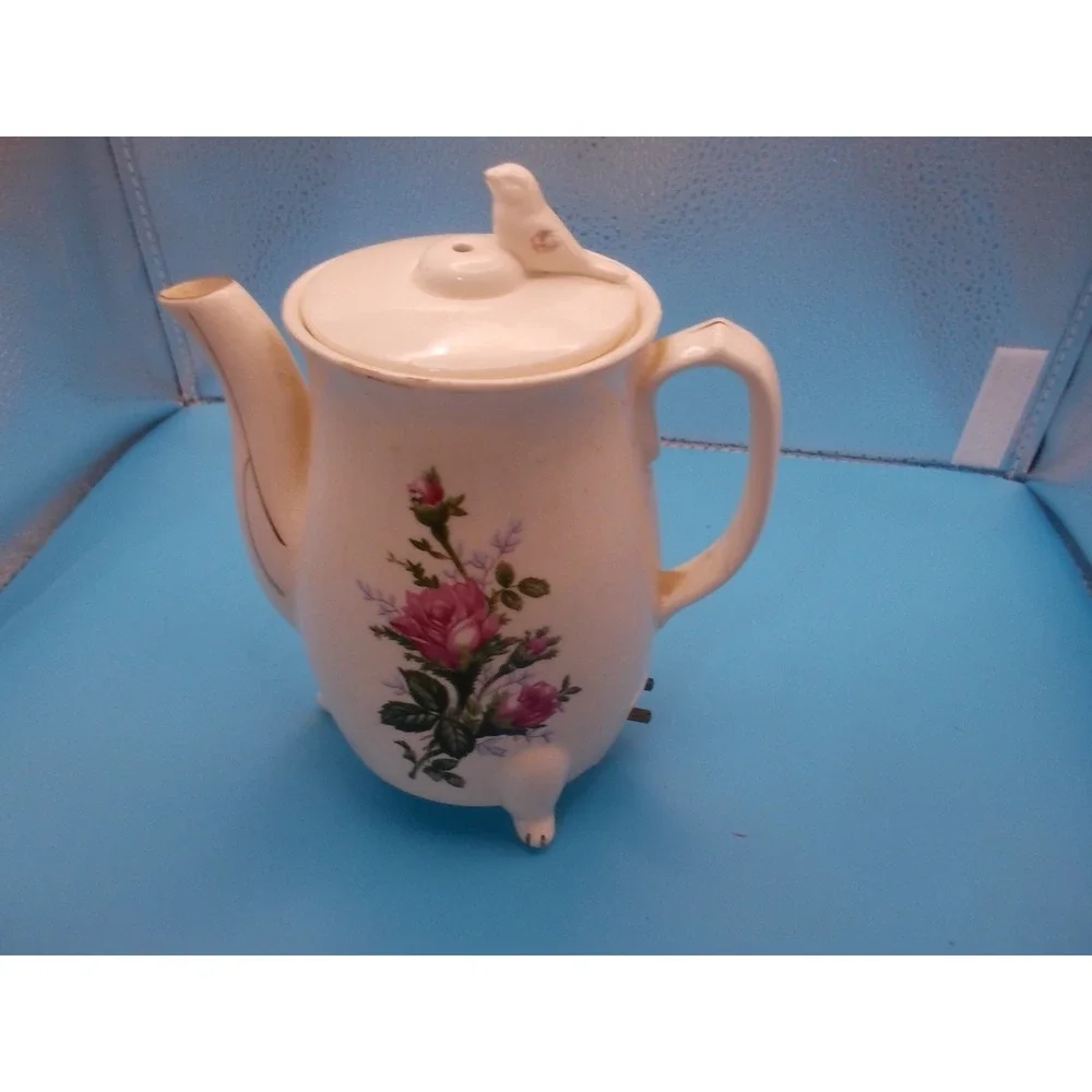 Vintage Nasco Electric Ceramic Teapot Floral Bird Finial Footed Tea Kettle